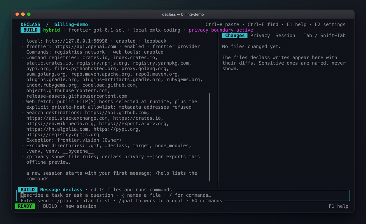 A real Declass session: the task is typed, the agent reads the code while the customer file stays local, fixes the bug and passes the tests; the Privacy panel shows the customer file was classified sensitive and a password was replaced with a placeholder before the request went out.
